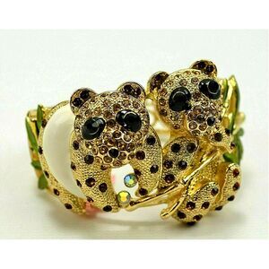Vintage Gold Toned Hinged Bracelet w/ 2 Bears and‎ Different Colored Rhinestones
